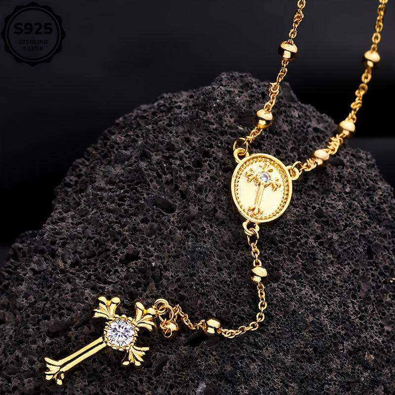 Italian 925 Sterling Silver Y-Shaped Religious Rosary Cross Necklace - Le Joyau Store - rosary,silver,zircon - Gold