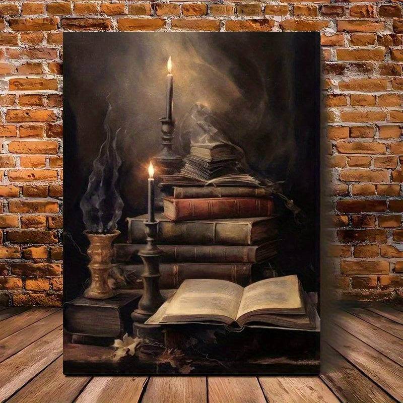 Vintage Candlelit Book Tower Antique Gothic Reading Framed Back Canvas Art Print - Le Joyau Store - gothic,readers,reading,wood - 8x10in (20x25cm) Quality Framed