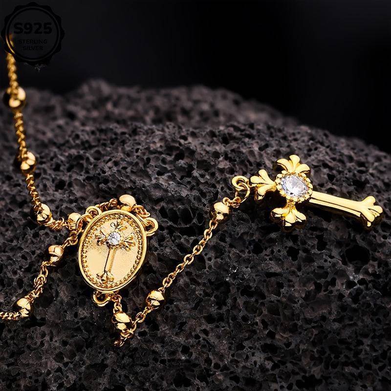 Italian 925 Sterling Silver Y-Shaped Religious Rosary Cross Necklace - Le Joyau Store - rosary,silver,zircon - Gold