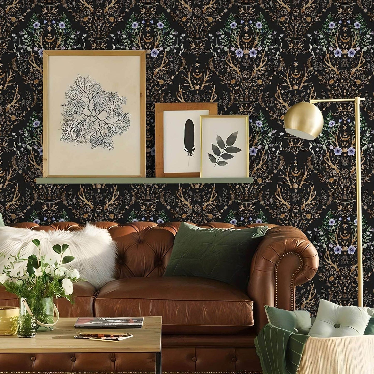 Gothic Mystical Forest Stag Antlers & Woodland Flowers Self Adhesive Wallpaper - Le Joyau Store - Black,Flowers,Removable,Retro,Vinyl - 17.7x118 inches