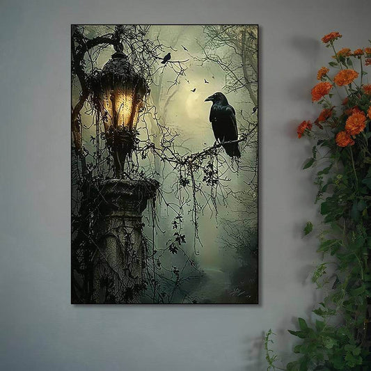 Gothic Victorian Crow & Lantern Spooky Moonlit Scene Canvas Wall Art Print - Le Joyau Store - crow,dark art,gothic,halloween,lantern - 8x12inch(20x30cm)x1