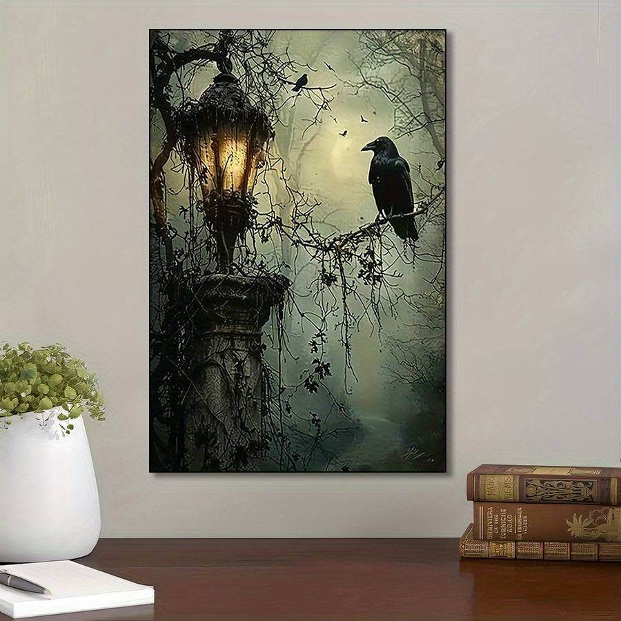 Gothic Victorian Crow & Lantern Spooky Moonlit Scene Canvas Wall Art Print - Le Joyau Store - crow,dark art,gothic,halloween,lantern - 8x12inch(20x30cm)x1