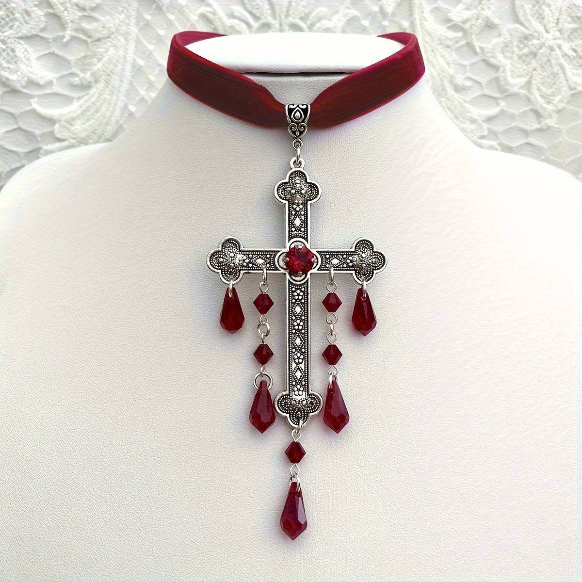 Vintage Gothic Vampire Ornate Engraved Silver & Velvet Cross Choker Necklace with Red Dripping Gems - Le Joyau Store - cross,gems,gothic,vintage,zircon - 