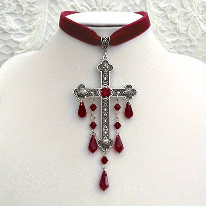 Vintage Gothic Vampire Ornate Engraved Silver & Velvet Cross Choker Necklace with Red Dripping Gems - Le Joyau Store - cross,gems,gothic,vintage,zircon - 
