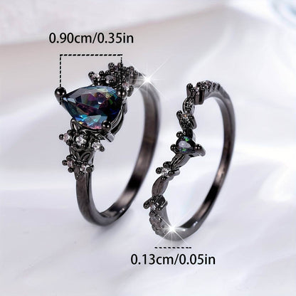 Luxury Black & Multicolored Gothic Two-Piece Oval Women's Ring Set - Le Joyau Store - Black Ring,Gothic,Luxury,Two-Piece,Zircon - 6 / Black