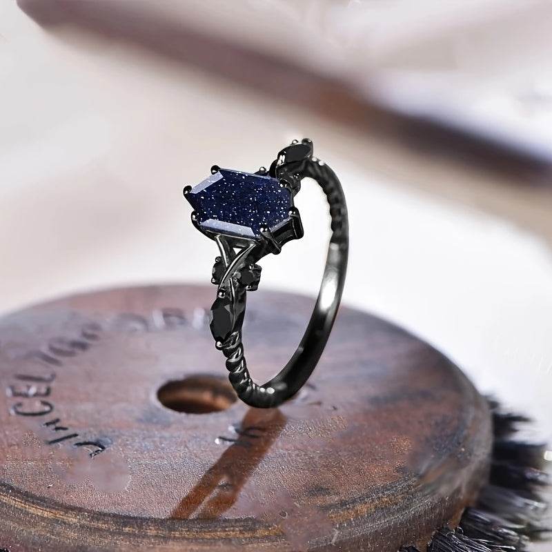 Night Sky Gothic Midnight Blue & Silver Hexagonal Cubic Zirconia Women's Ring - Le Joyau Store - Black Band,Blue Gem,Cubic Zirconia,Elegant - 6