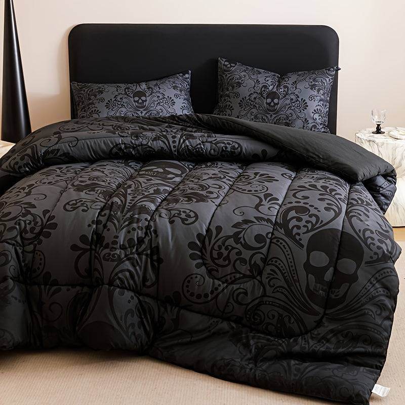 Gothic Dark Gray Skull & Filigree Victorian Baroque Bedding Quilt Set (3Pcs) - Le Joyau Store - black,gothic,gray,polyester,skull - Twin (68.11''*90.16'')