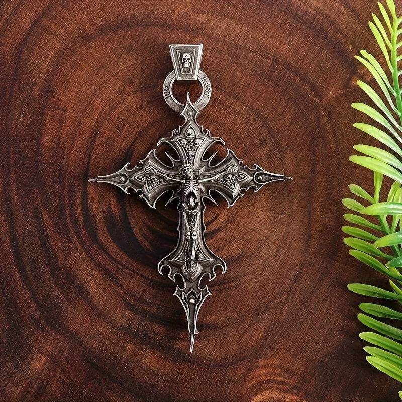 Baroque Gothic Skeleton Cross Ornate Antique Silver Pendant Necklace - Le Joyau Store - Gift,Punk,Silver,Skull,Vintage - 