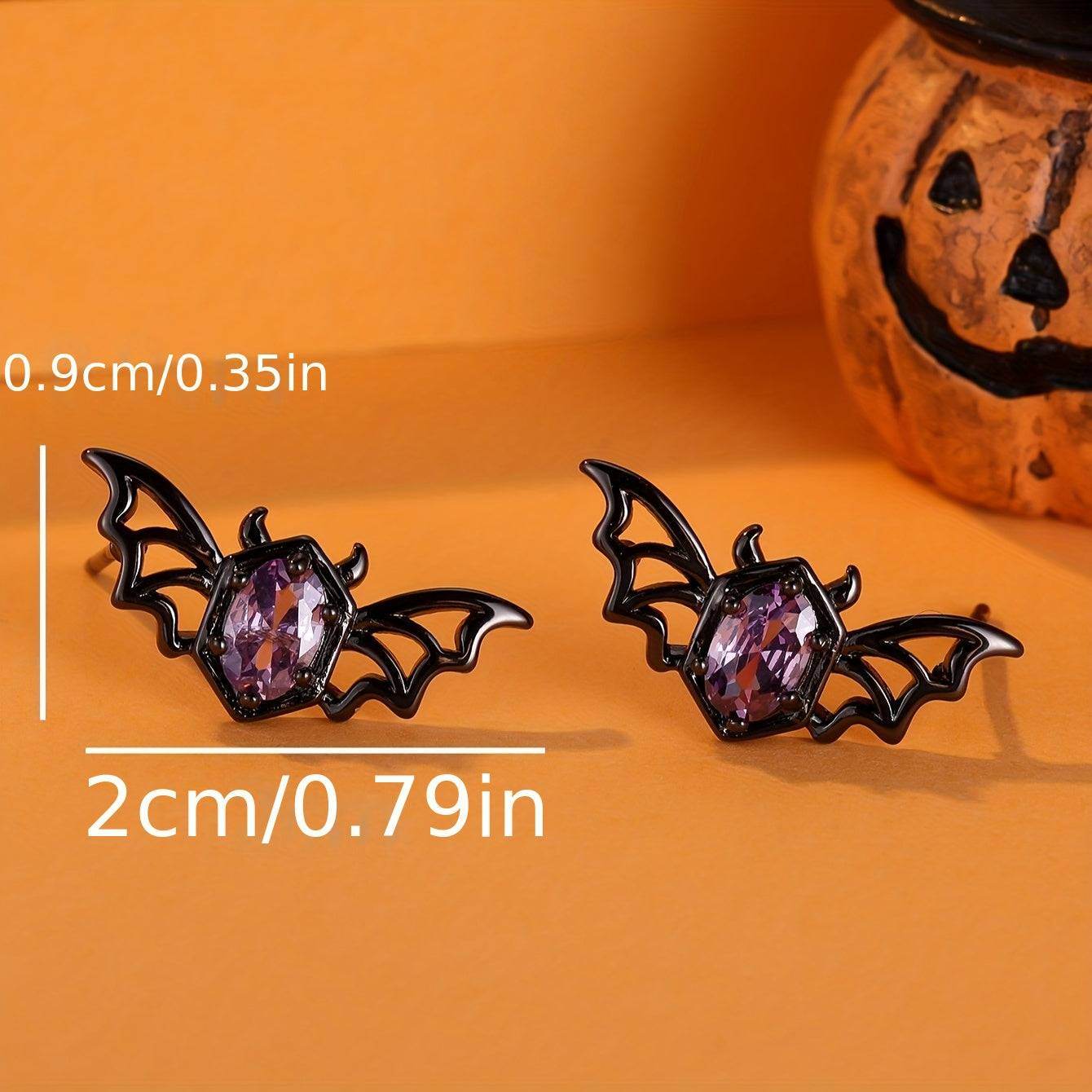 Cute Gothic Punk Hollow Bat Wings Women's Stud Earrings with Purple Gemstone - Le Joyau Store - Black,Gothic,Metal,Punk,Purple - 