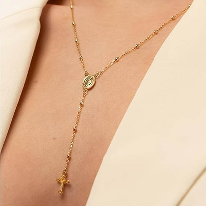 Italian 925 Sterling Silver Y-Shaped Religious Rosary Cross Necklace - Le Joyau Store - rosary,silver,zircon - Gold