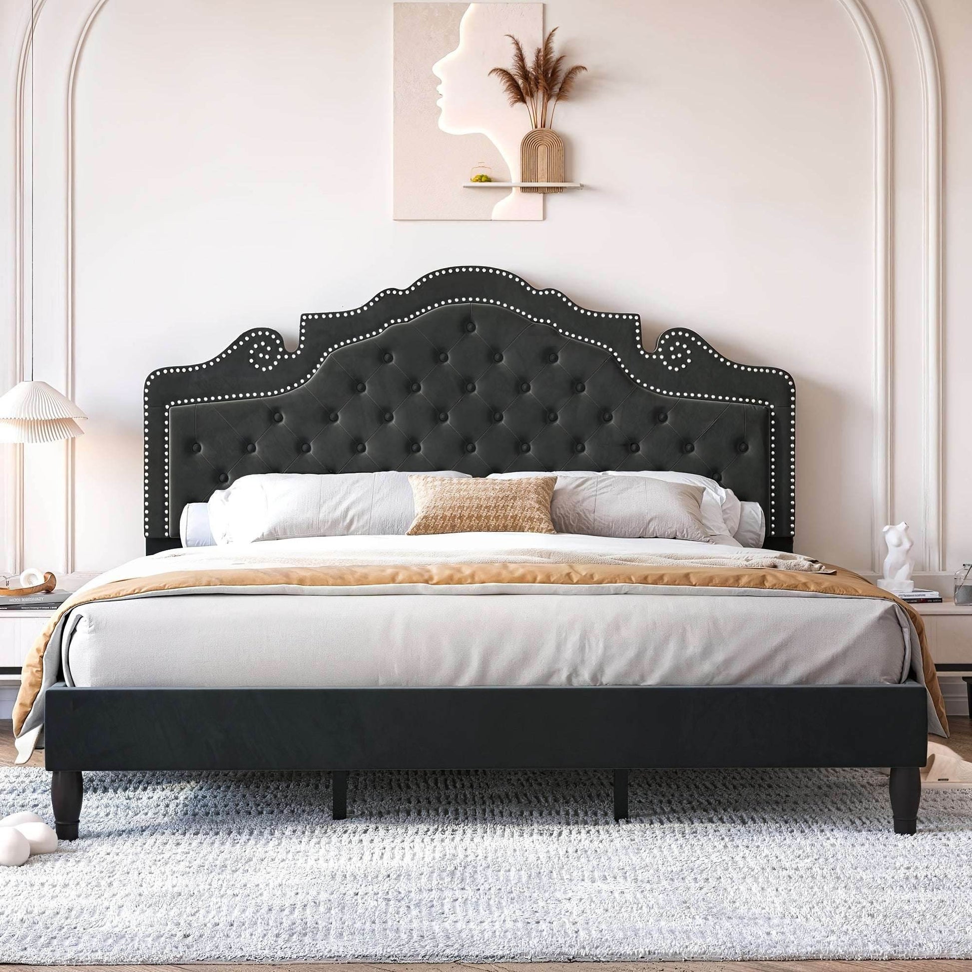 Luxury Black Velvet Upholstered Diamond Buttoned Tufted Tiara Headboard Bedframe - Le Joyau Store - Black,King,Queen,Tufted,Velvet - Full / Black