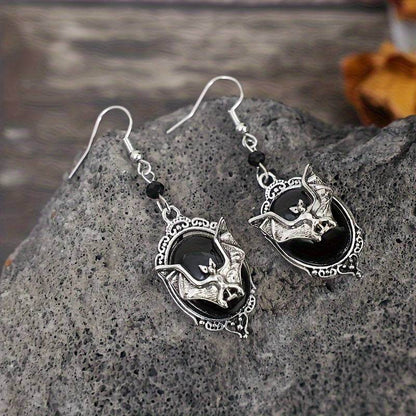 Vintage Gothic Bat Earrings – Victorian Black Stone & Silver Dangle Cameo Earrings - Le Joyau Store - Drop,Gothic,Halloween,Silvery,Vintage - Bat