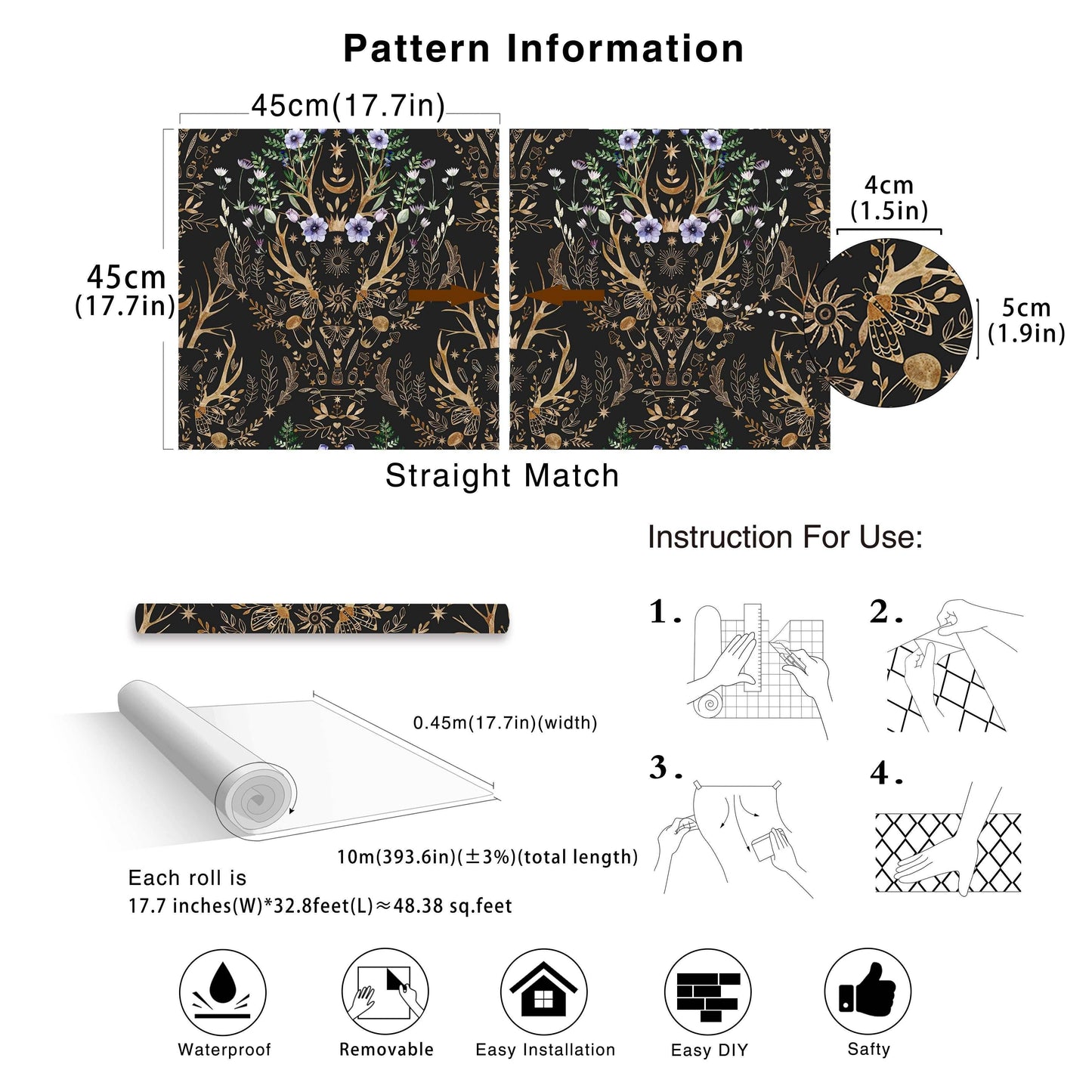 Gothic Mystical Forest Stag Antlers & Woodland Flowers Self Adhesive Wallpaper - Le Joyau Store - Black,Flowers,Removable,Retro,Vinyl - 17.7x118 inches