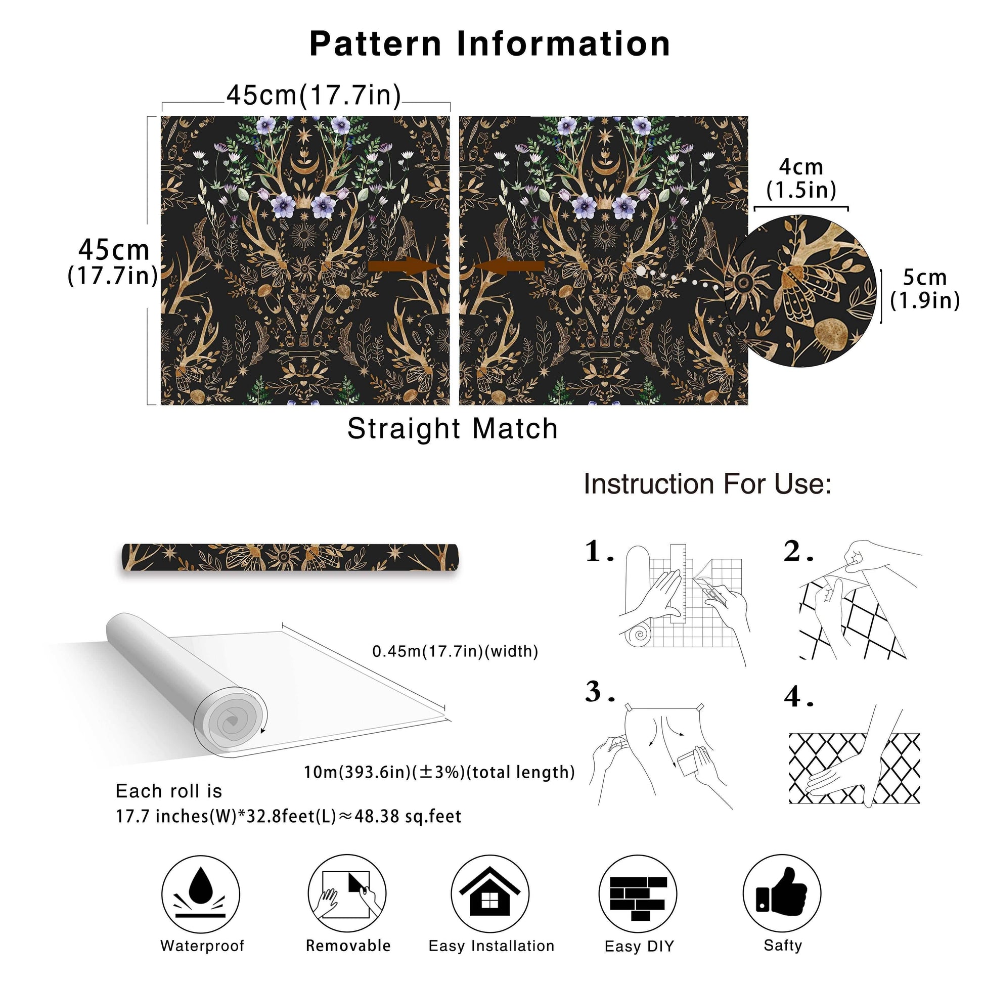 Gothic Mystical Forest Stag Antlers & Woodland Flowers Self Adhesive Wallpaper - Le Joyau Store - Black,Flowers,Removable,Retro,Vinyl - 17.7x118 inches