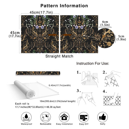 Gothic Mystical Forest Stag Antlers & Woodland Flowers Self Adhesive Wallpaper - Le Joyau Store - Black,Flowers,Removable,Retro,Vinyl - 17.7x118 inches