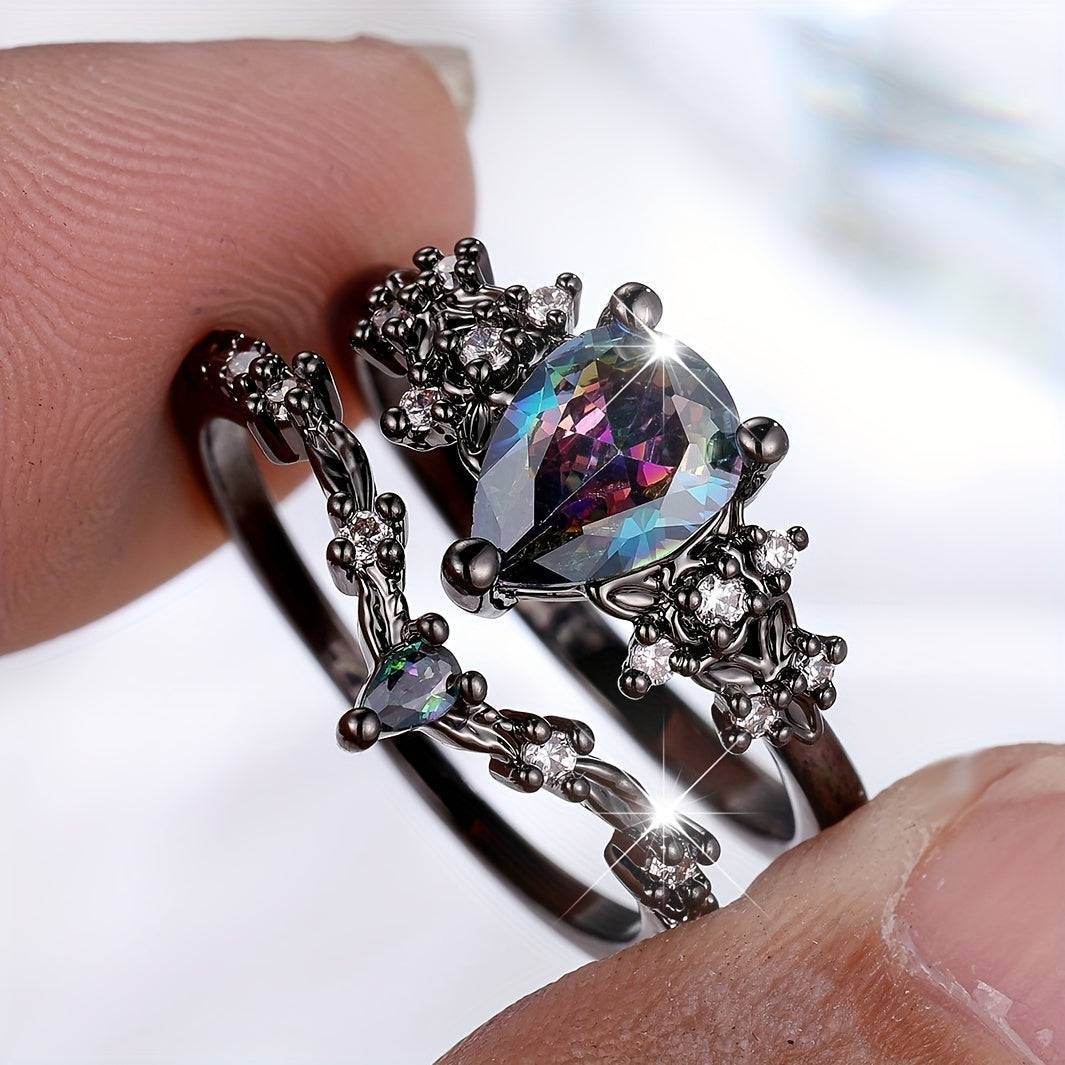 Luxury Black & Multicolored Gothic Two-Piece Oval Women's Ring Set - Le Joyau Store - Black Ring,Gothic,Luxury,Two-Piece,Zircon - 6 / Black