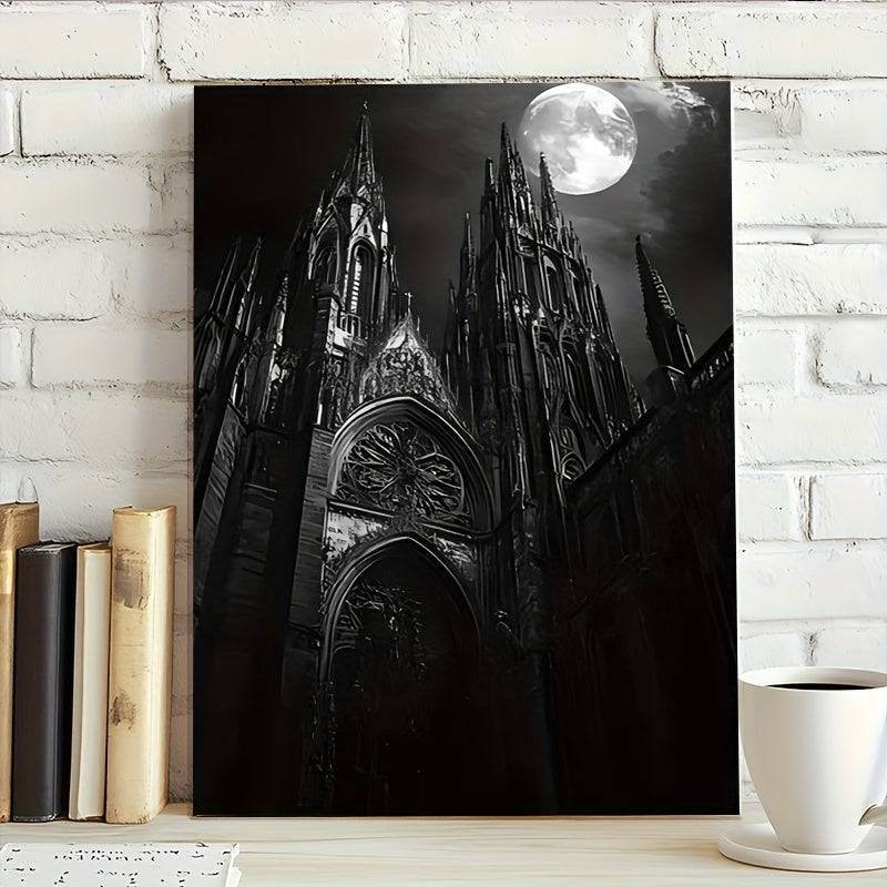 Gothic Cathedral Moonlit Night Monochrome Medieval Architecture Framed Canvas Art Print - Le Joyau Store - bedroom,dark,gothic,living room,medieval - 08×12×0.75 inch-Framed