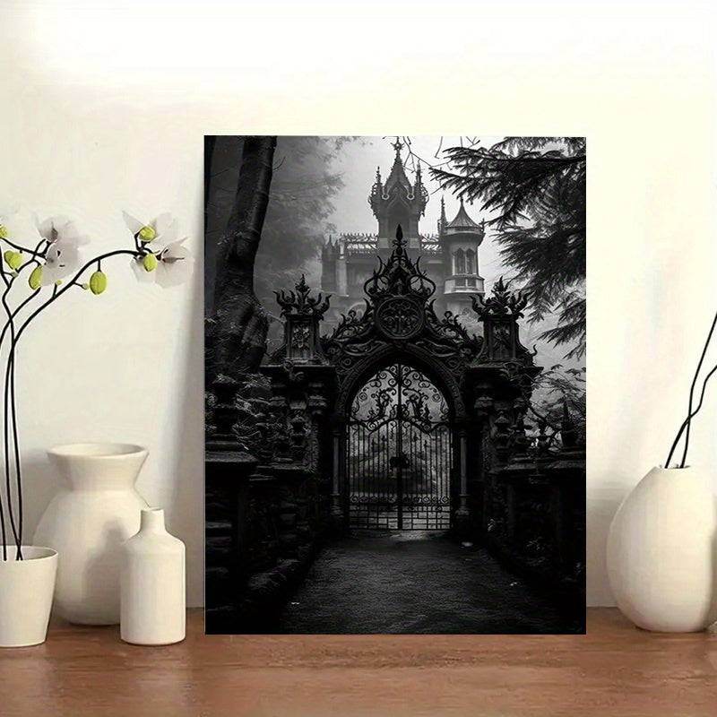 Gothic Castle Gate Victorian Black & White Wooden Canvas Art Print - Le Joyau Store - Canvas Art,Gift,Gothic,Home,Wood Frame - Framed 08×12inch/20.32×30.48cm-1 pc