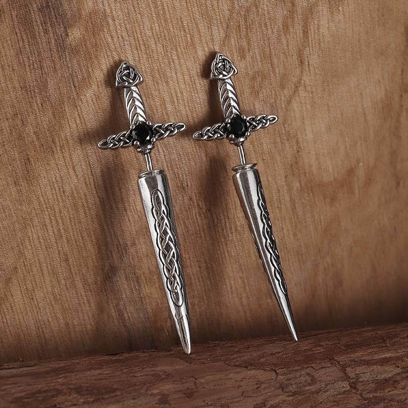 Gothic Celtic Knot Medieval Sword Earrings with Black Zircon – Vintage Punk Dagger Drop Earrings - Le Joyau Store - Black,Celtic,Copper,Punk,Vintage - 