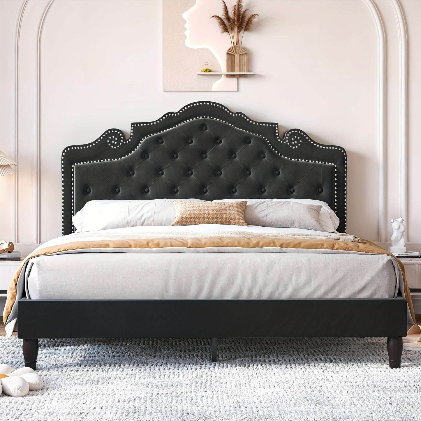Luxury Black Velvet Upholstered Diamond Buttoned Tufted Tiara Headboard Bedframe - Le Joyau Store - Black,King,Queen,Tufted,Velvet - Full / Black