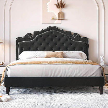 Luxury Black Velvet Upholstered Diamond Buttoned Tufted Tiara Headboard Bedframe - Le Joyau Store - Black,King,Queen,Tufted,Velvet - Full / Black