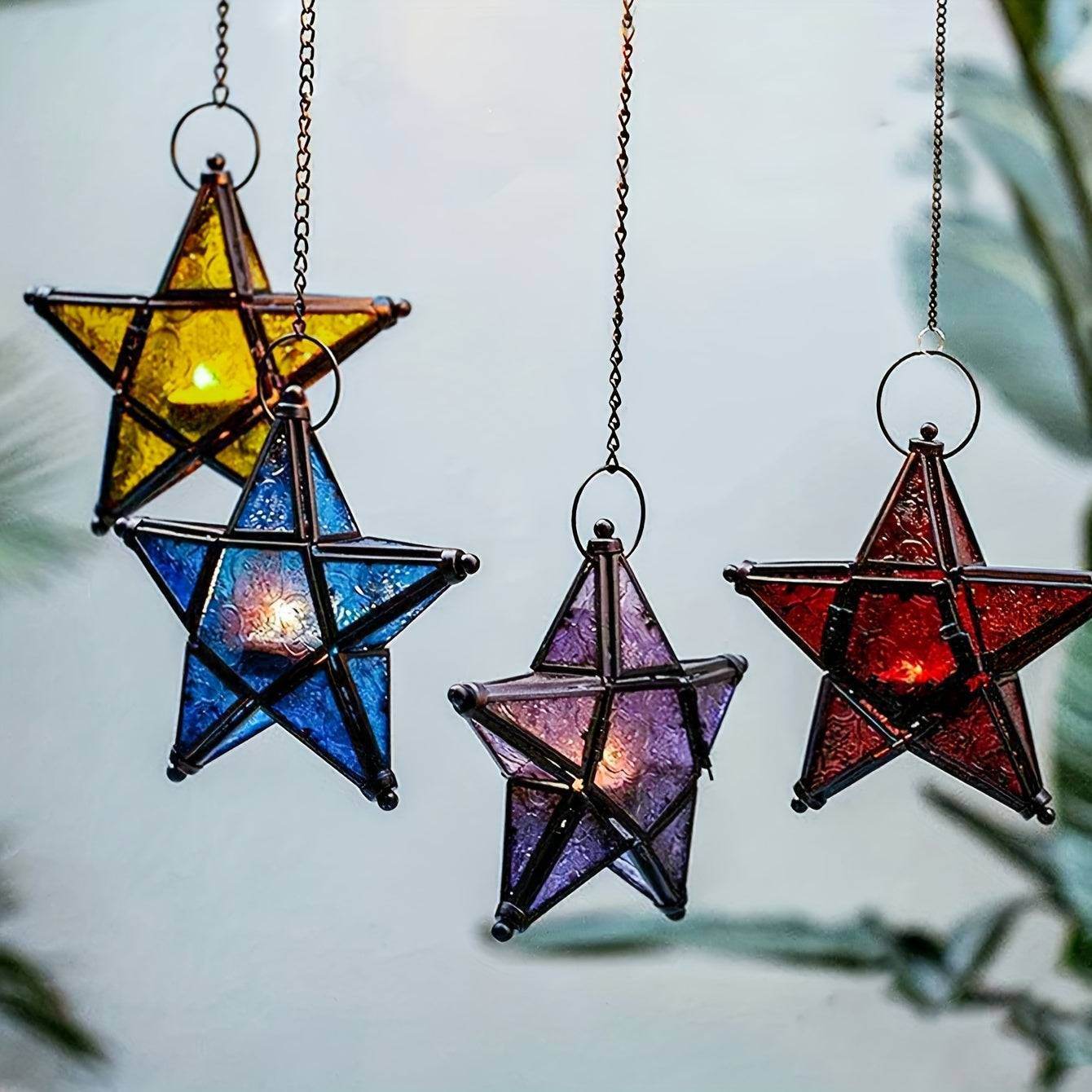 Stained Glass Window Pentagram Hanging Iron Embossed Glass Candle Holder - Le Joyau Store - Glass,Hanging,Metal,Pentagram,Windproof - Red