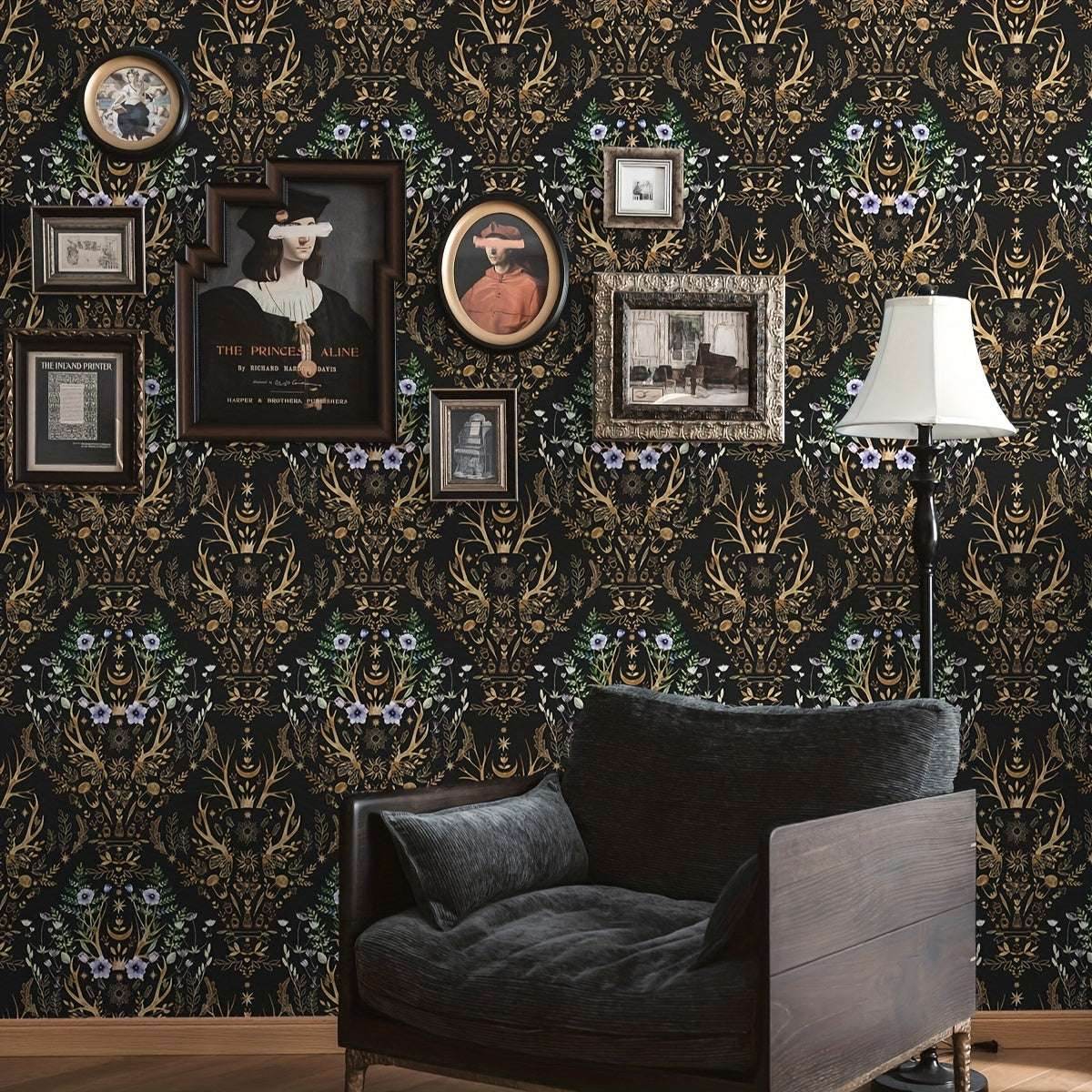 Gothic Mystical Forest Stag Antlers & Woodland Flowers Self Adhesive Wallpaper - Le Joyau Store - Black,Flowers,Removable,Retro,Vinyl - 17.7x118 inches