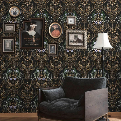 Gothic Mystical Forest Stag Antlers & Woodland Flowers Self Adhesive Wallpaper - Le Joyau Store - Black,Flowers,Removable,Retro,Vinyl - 17.7x118 inches