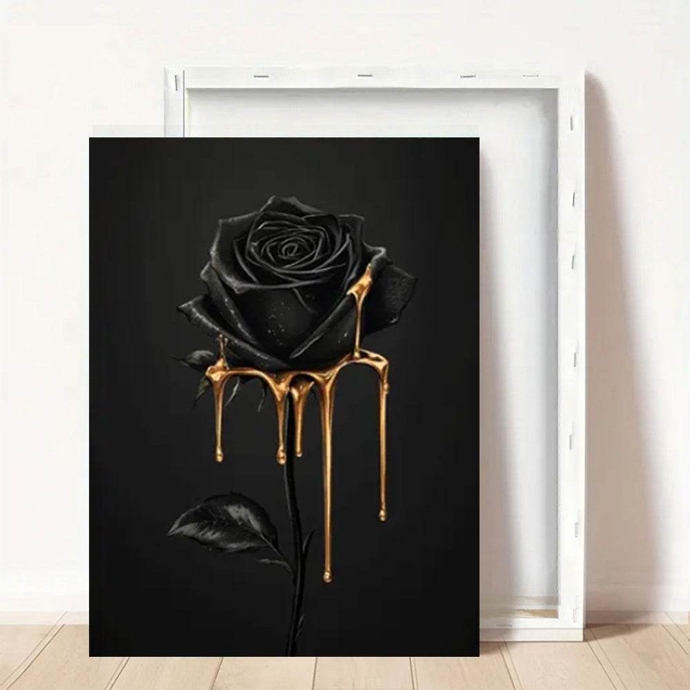 Gothic Luxury Black Rose with Golden Drip Wood Canvas Wall Art Print - Le Joyau Store - Art Deco,Black Rose,Floral,Framed,Luxury - 08x12x0.75inch