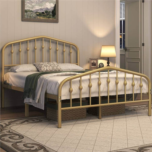 Rustic Metal Bedframe Queen/Full/Twin Size Platform Bed with Arched Crown Headboard & Footboard - Le Joyau Store - Gold,Metal,Modern,Queen,Storage - Full / Antique Gold