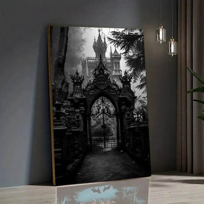 Gothic Castle Gate Victorian Black & White Wooden Canvas Art Print - Le Joyau Store - Canvas Art,Gift,Gothic,Home,Wood Frame - Framed 08×12inch/20.32×30.48cm-1 pc