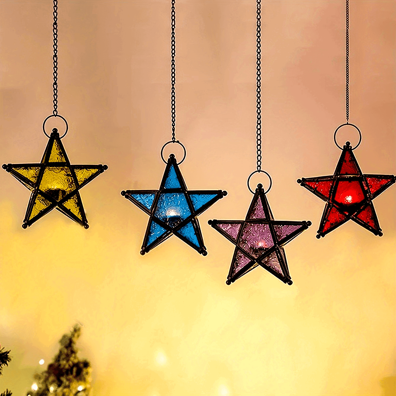 Stained Glass Window Pentagram Hanging Iron Embossed Glass Candle Holder - Le Joyau Store - Glass,Hanging,Metal,Pentagram,Windproof - Red