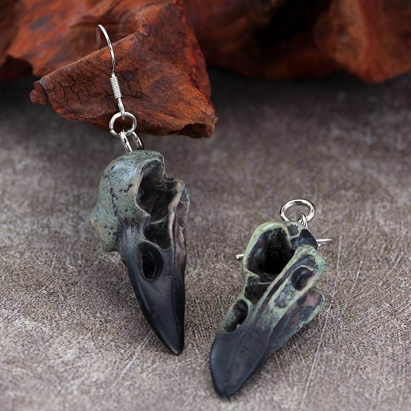 Antique Resin Gothic Crow Skull Dangle Earrings for Dark Aesthetic Lovers & Goths - Le Joyau Store - Dangle,Gothic,Raven,Resin,Skull,Vintage - 