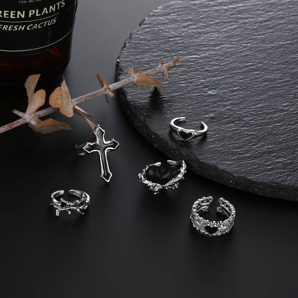 Gothic Punk Rock Black & Silver Adjustable Ring Set (5pcs) - Le Joyau Store - Alloy,Gothic,Heart,Punk,Vintage - 