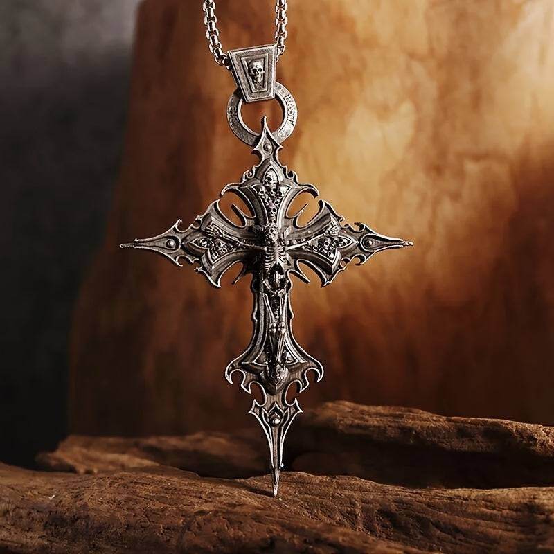 Baroque Gothic Skeleton Cross Ornate Antique Silver Pendant Necklace - Le Joyau Store - Gift,Punk,Silver,Skull,Vintage - 