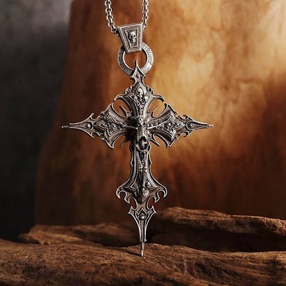 Baroque Gothic Skeleton Cross Ornate Antique Silver Pendant Necklace - Le Joyau Store - Gift,Punk,Silver,Skull,Vintage - 