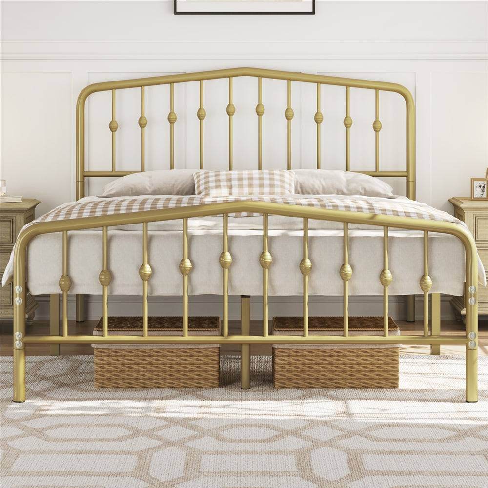 Rustic Metal Bedframe Queen/Full/Twin Size Platform Bed with Arched Crown Headboard & Footboard - Le Joyau Store - Gold,Metal,Modern,Queen,Storage - Full / Antique Gold