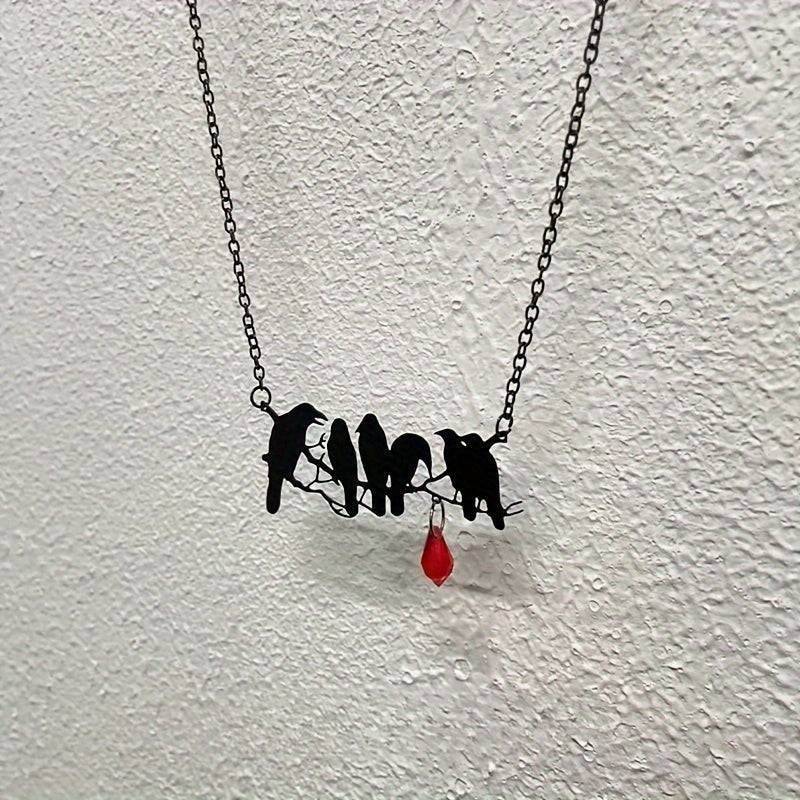 Gothic Black Raven's & Tree Branch Silhouette Pendant Necklace with Red Drop Gemstone - Le Joyau Store - Black,Copper,Gothic,Raven,Unisex - 