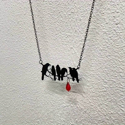 Gothic Black Raven's & Tree Branch Silhouette Pendant Necklace with Red Drop Gemstone - Le Joyau Store - Black,Copper,Gothic,Raven,Unisex - 