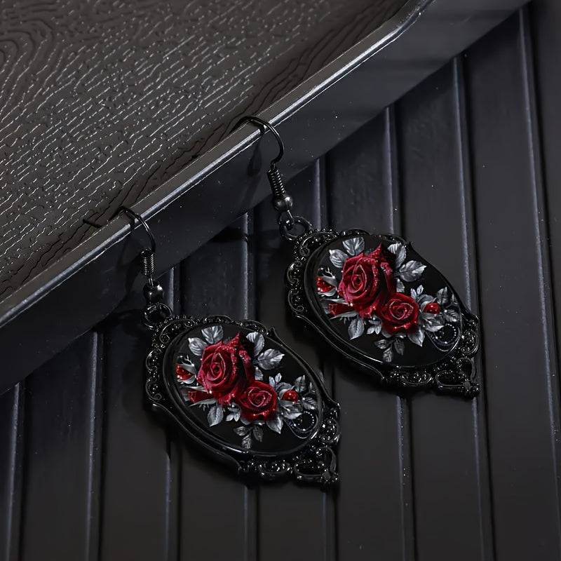 Vintage Red Rose Black Cameo Frame Gothic Women's Dangle Earrings - Le Joyau Store - Alloy,Dangle,Glass,Red Rose,Vintage - 