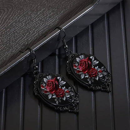 Vintage Red Rose Black Cameo Frame Gothic Women's Dangle Earrings - Le Joyau Store - Alloy,Dangle,Glass,Red Rose,Vintage - 