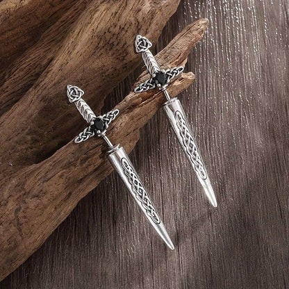 Gothic Celtic Knot Medieval Sword Earrings with Black Zircon – Vintage Punk Dagger Drop Earrings - Le Joyau Store - Black,Celtic,Copper,Punk,Vintage - 