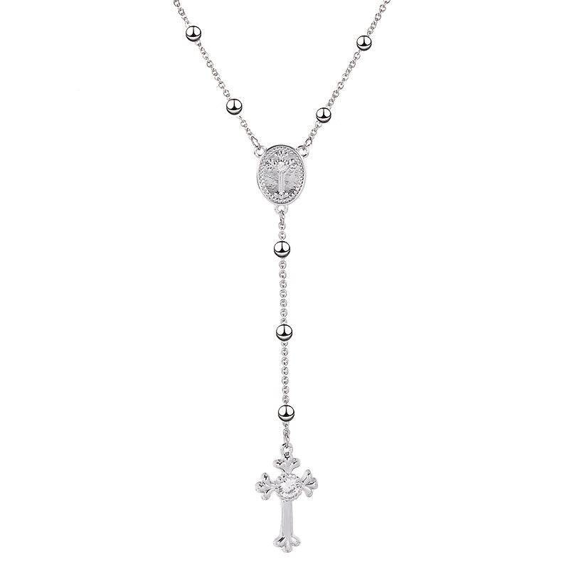 Italian 925 Sterling Silver Y-Shaped Religious Rosary Cross Necklace - Le Joyau Store - rosary,silver,zircon - Gold