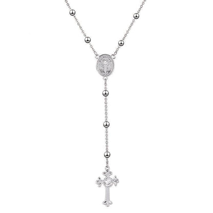 Italian 925 Sterling Silver Y-Shaped Religious Rosary Cross Necklace - Le Joyau Store - rosary,silver,zircon - Gold