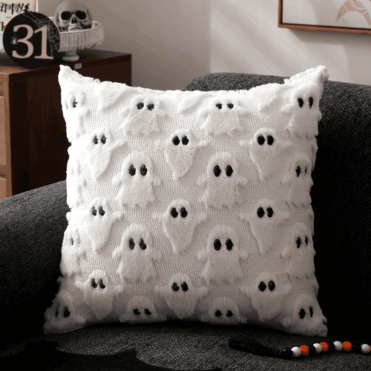 Halloween Ghost Throw Pillow Cover - 18x18 Inch White Cotton Plush Cushion Case (Set of 2) - Le Joyau Store - cushion cover,halloween decor,pillowcase,white - 