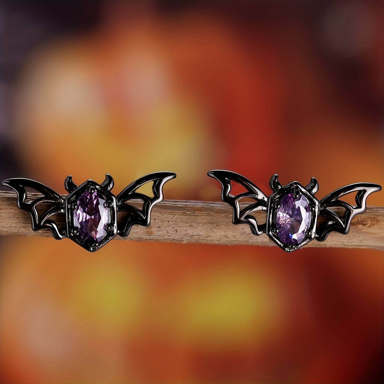 Cute Gothic Punk Hollow Bat Wings Women's Stud Earrings with Purple Gemstone - Le Joyau Store - Black,Gothic,Metal,Punk,Purple - 