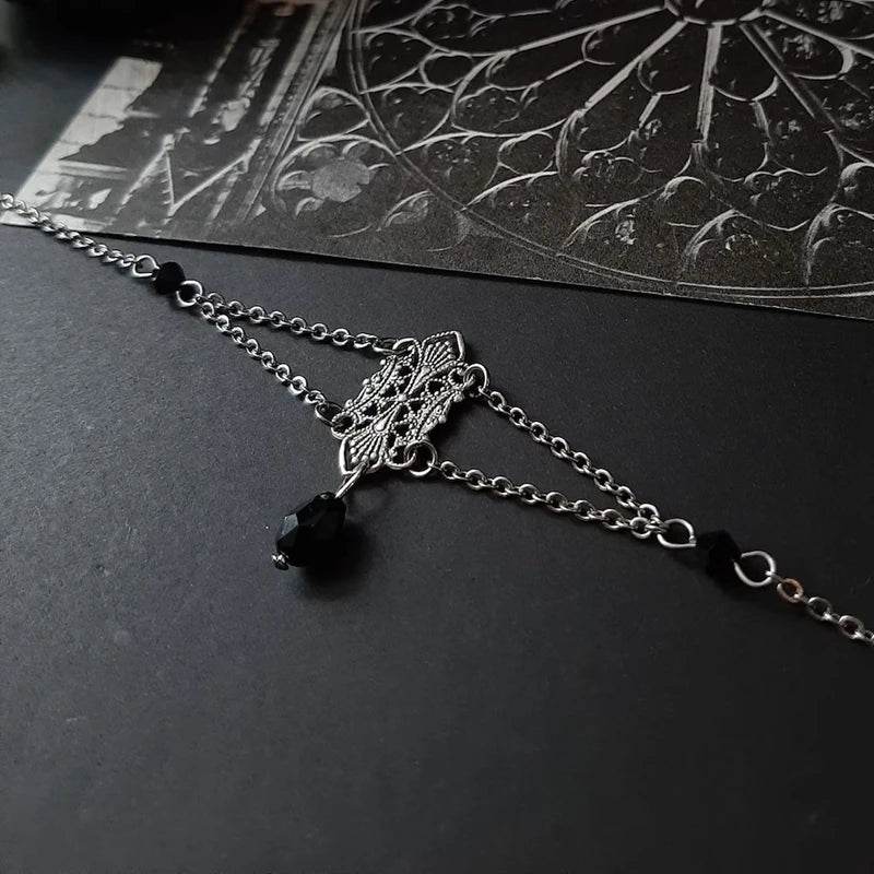 Victorian Ornate Antique Silver Motif Chain Choker with Black Crystal Embellishments - Le Joyau Store - Adjustable,Black Crystal,Gothic,Handmade,Witch - 