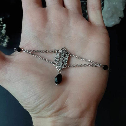 Victorian Ornate Antique Silver Motif Chain Choker with Black Crystal Embellishments - Le Joyau Store - Adjustable,Black Crystal,Gothic,Handmade,Witch - 