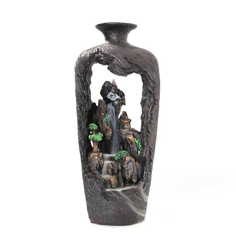 Rustic Fengshui Waterfall Village Vase LED Incense Burner Censer - Le Joyau Store - Backflow,Calm,Decor,Meditation,Resin - BurnerAF23 With LED