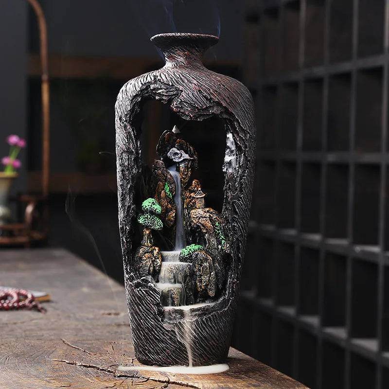 Rustic Fengshui Waterfall Village Vase LED Incense Burner Censer - Le Joyau Store - Backflow,Calm,Decor,Meditation,Resin - BurnerAF23 With LED